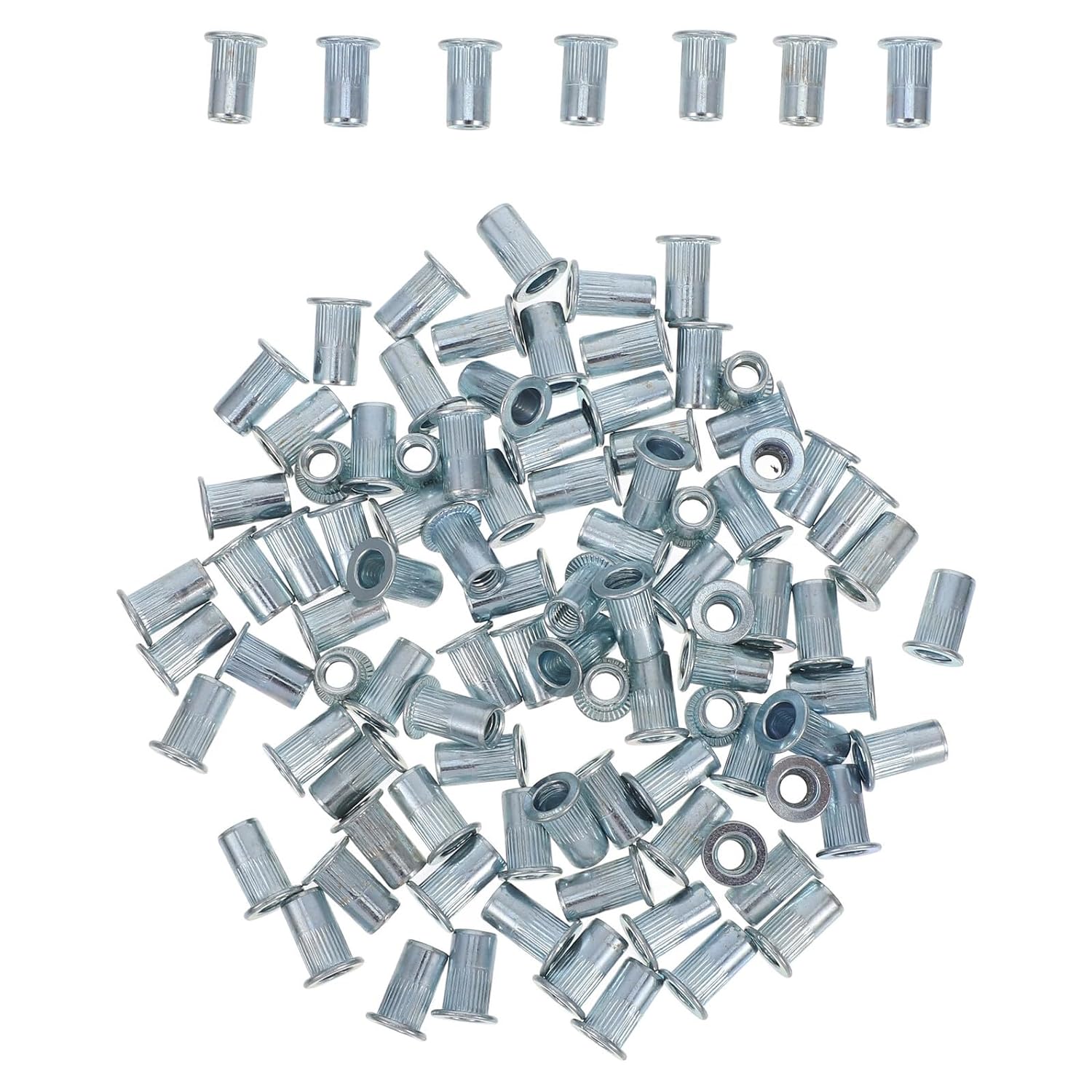 100pcs M5 Zinc Alloy Flat Head Rivet Nut Knurled Body Threaded Insert Nuts for Metal Fastening Industrial Applications