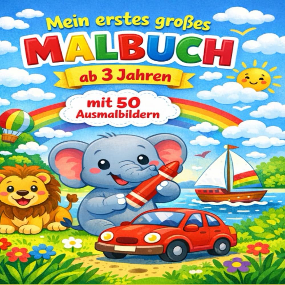 Mein erstes großes Malbuch ab 3 Jahren mit 50 Ausmalbildern: Große, einfache Ausmalbilder mit Tieren, Fahrzeugen und Alltagsmotiven – Perfekt für kleine Kinderhände