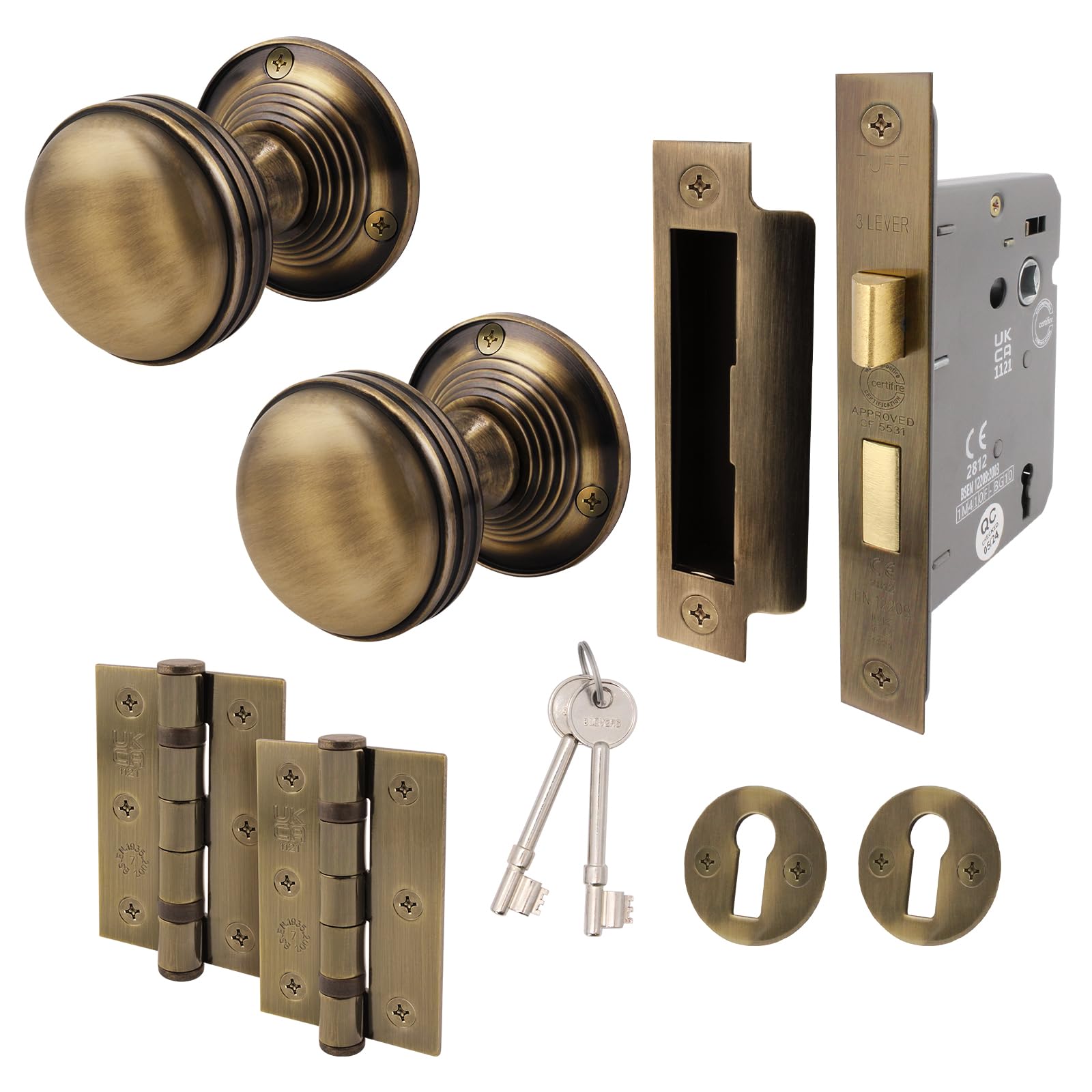 EAI Lined Key Lock Door Knob Set Antique Brass | 1 Pair of Mortice Knobs (55mm), Sash Lock (80mm) & Hinges (76mm) for Internal Doors