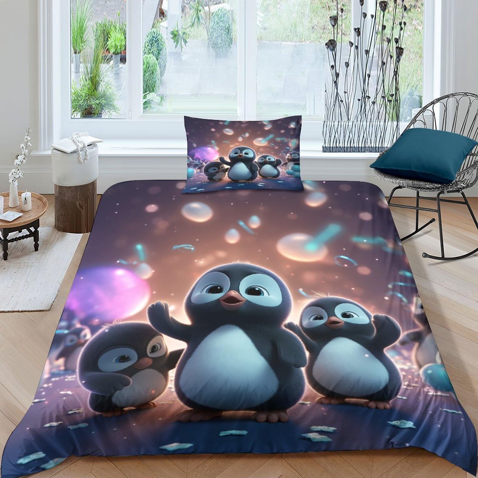 BARDYS Cute Penguin Duvet Cover Set for Childrens And Adults 3D Printed Bedding Set Penguin Comforter Cover Soft Microfiber with Zipper Quilt Cover with Pillowcaser Single（135x200cm）
