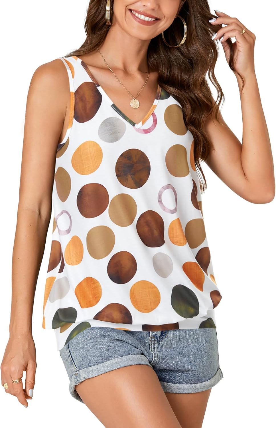 Umenlele Women’s Casual Banded Bottom Cami Shirt V Neck Sleeveless Loose Summer Tank Top Camisole Floral White Small - Image 2