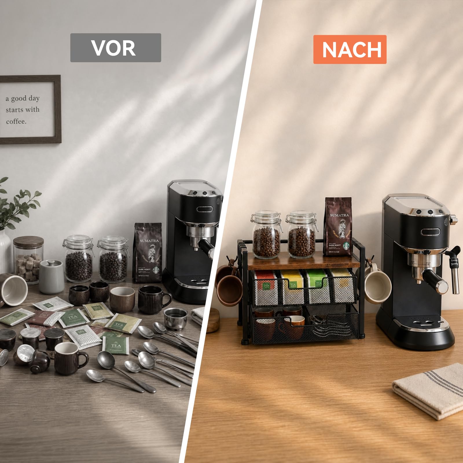 Beslands Teebeutel Aufbewahrung mit 2 Schubladen & 4 abnehmbaren Haken, Tee Organizer mit 8 kleinen + 2 großen Fächern, vielseitige Tee Aufbewahrung für Arbeitsplatte, Kaffeebar & Schreibtisch