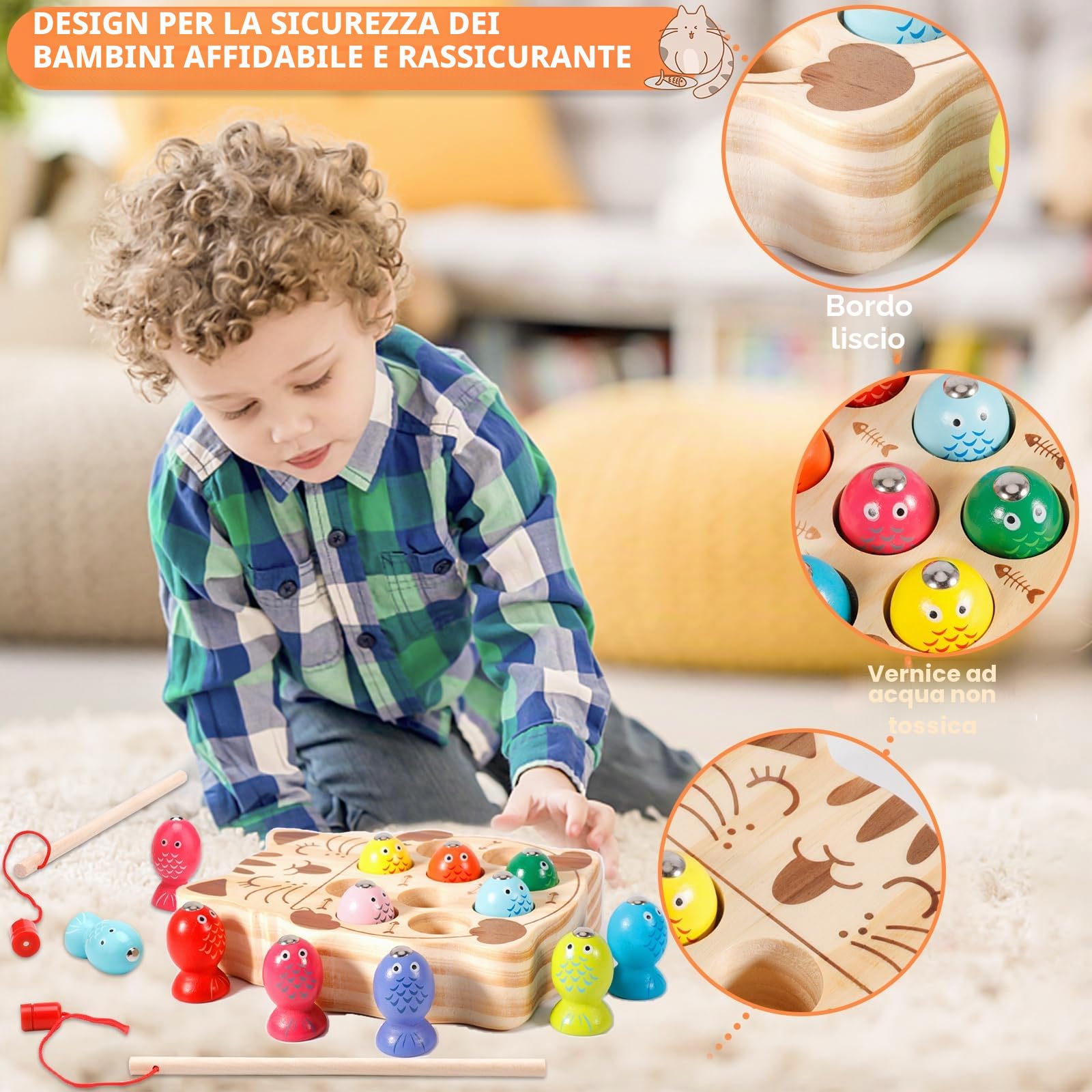 FAMKEEP Montessori - Gioco di pesca magnetico in legno, giocattolo da pesca per bambini, 3 anni, giocattolo educativo