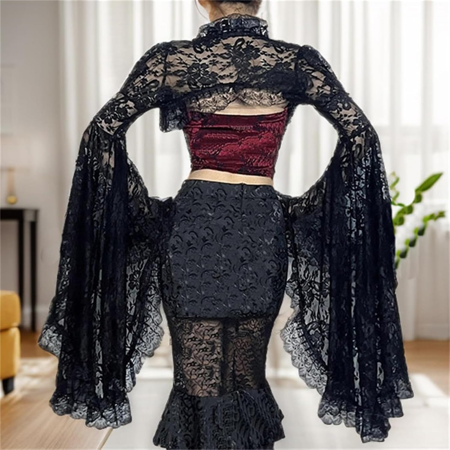Women Retro Fairy Lace Sheer Bolero Crop Shrug Top - Floral Flared Long Sleeve See-Through Goth Evening Dress