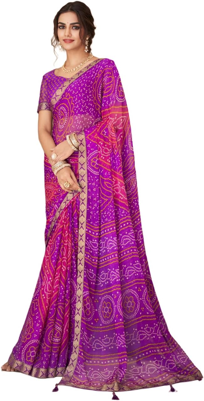 Jaanvi Fashion Women's Chiffon Bandhani Printed Saree With Solid Self Printed Unstitched Blouse Piece