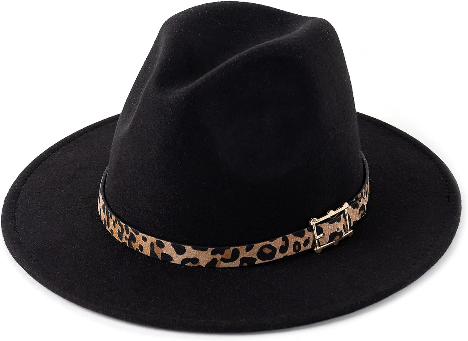 Women's Wide Brim Felt Fedora Panama Hat with Leopard Belt Buckle