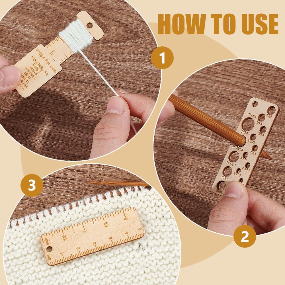 BENECREAT 3Pcs Mini Wooden Gauge Keychains, Knitting Needle Gauge, Yarn Wrap Guide Board, Multifunctional Ruler with Alloy Clasp for Crochet DIY Sewing