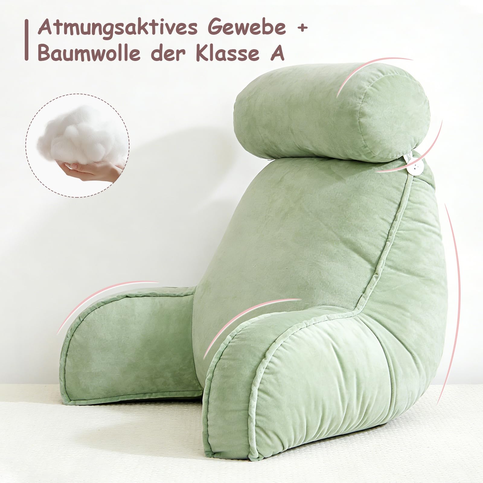 Extra Großes Lesekissen mit Abnehmbarer Hülle, Ergonomisches Rückenstützkissen für Bett/Sofa, Gefüllt mit Hohlfaser, Für Erwachsene & Kinder, Grün