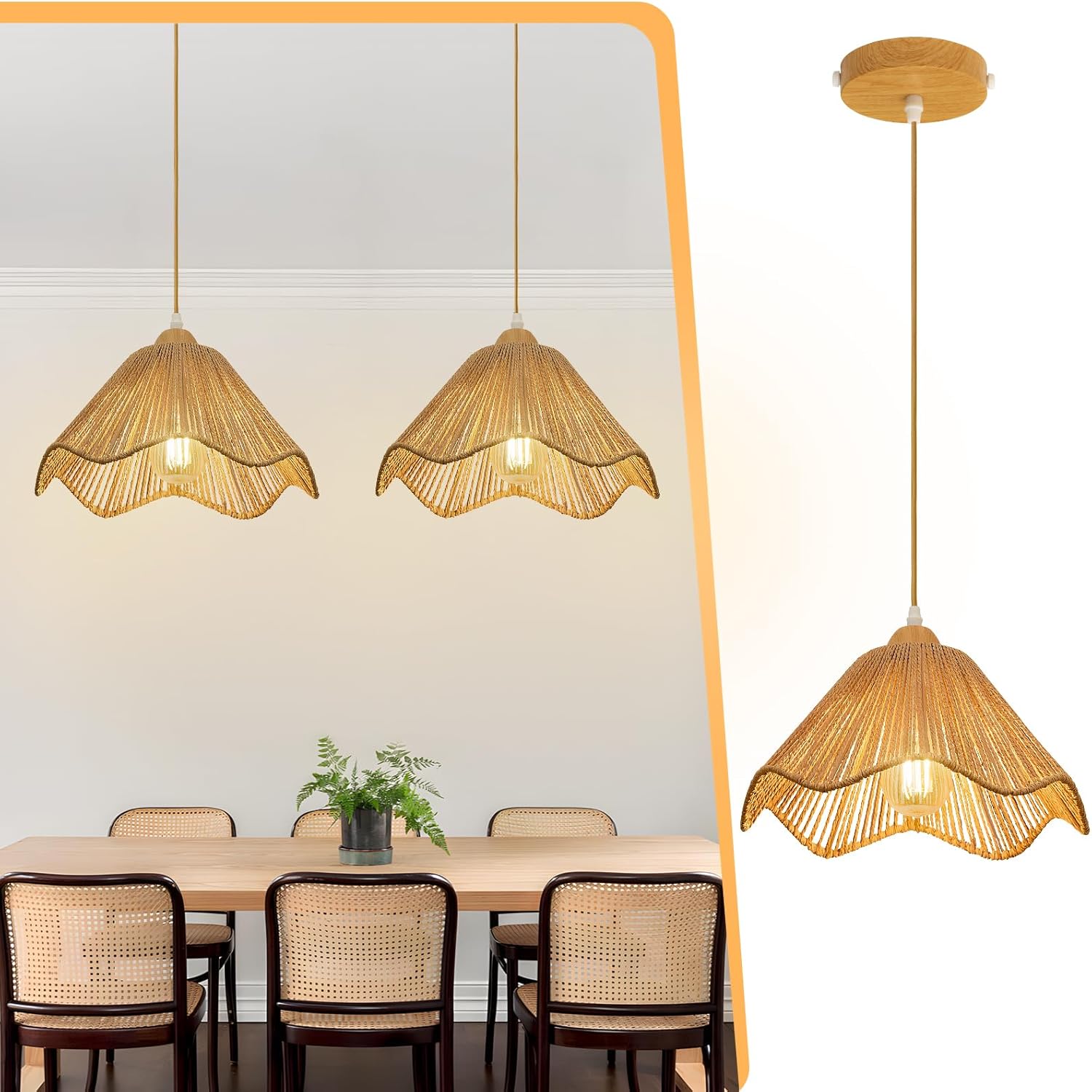 2 Pack 12.4" Wave Rattan Chandelier Pendant Lights Kitchen Island,Farmhouse Boho Chandeliers Adjustable Height Hanging lamp for Dining Room,Kitchen Ceiling Light Fixtures Woven Wicker Lampshade