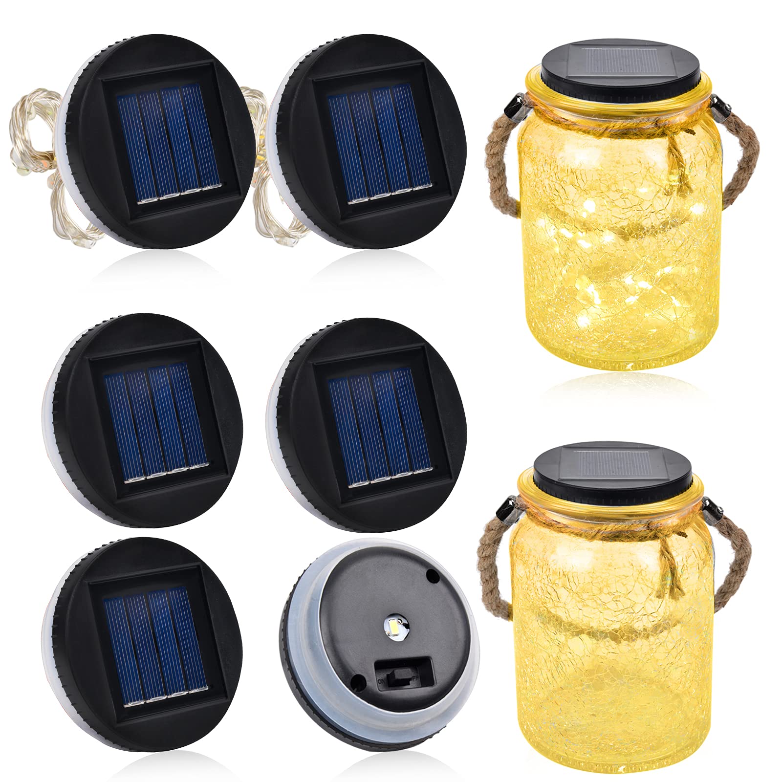 6 Packs of Mason Jar Lights, with 4 Warm White Solar Lights Lids and 2 20led Warm White Solar String Lights Lids for Tables Balcony Garden Wedding Party Decoration, Fit for Most Regular Jar (No Jar)