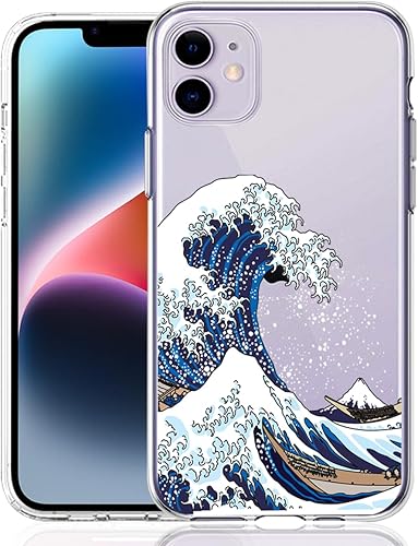 Funda diseñada para iPhone 11, diseño de ondas japonesas de mar océano, diseño transparente, TPU suave y flexible, ultrafina, a prueba de golpes,