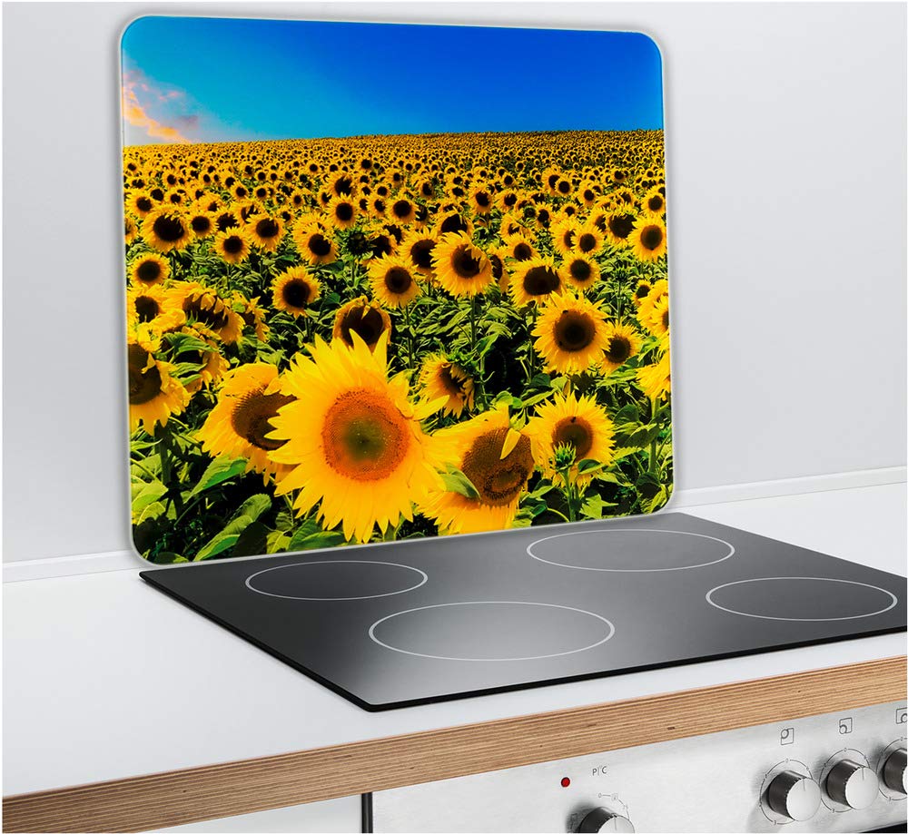 WENKO Multi-Platte Sonnenblumenfeld - für Glaskeramik Kochfelder, Schneidbrett, Gehärtetes Glas, 56 x 0.5 x 50 cm, Mehrfarbig