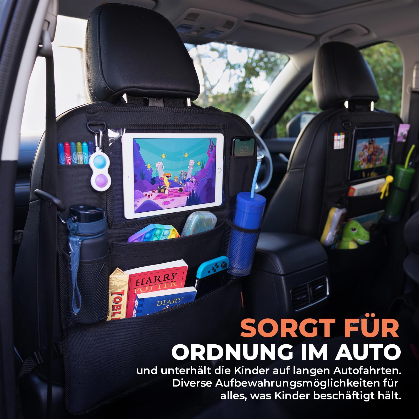Huckaboo Autositz Organizer – Rücksitz-Organizer für Kinder & Auto-Rückenlehnenschutz mit Tablet-Fach & vielen Taschen, Schwarz, 2 Stück