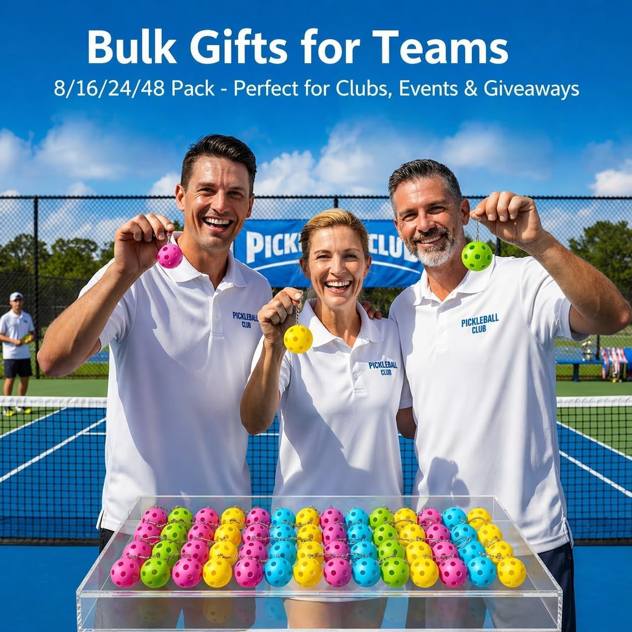 Pickleball Keychain Set 8/16/24/48 Pack - Fun Unique Gifts for Women Men & Lovers - Bulk Team Accessories Party Favors