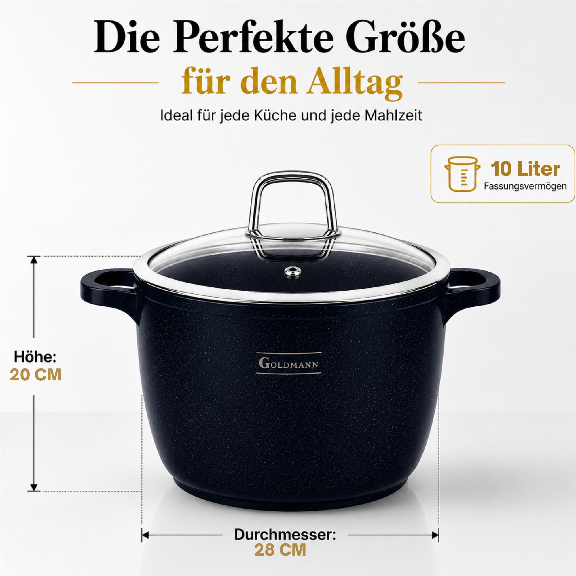 GOLDMANN Kochtopf Aluguss/Suppentopf, 28 cm, 10L, antihaftbeschichtete Keramik in Marmoroptik, Glasdeckel, geeignet für Induktion und alle Herdarten, ofenfest und PFOA-frei