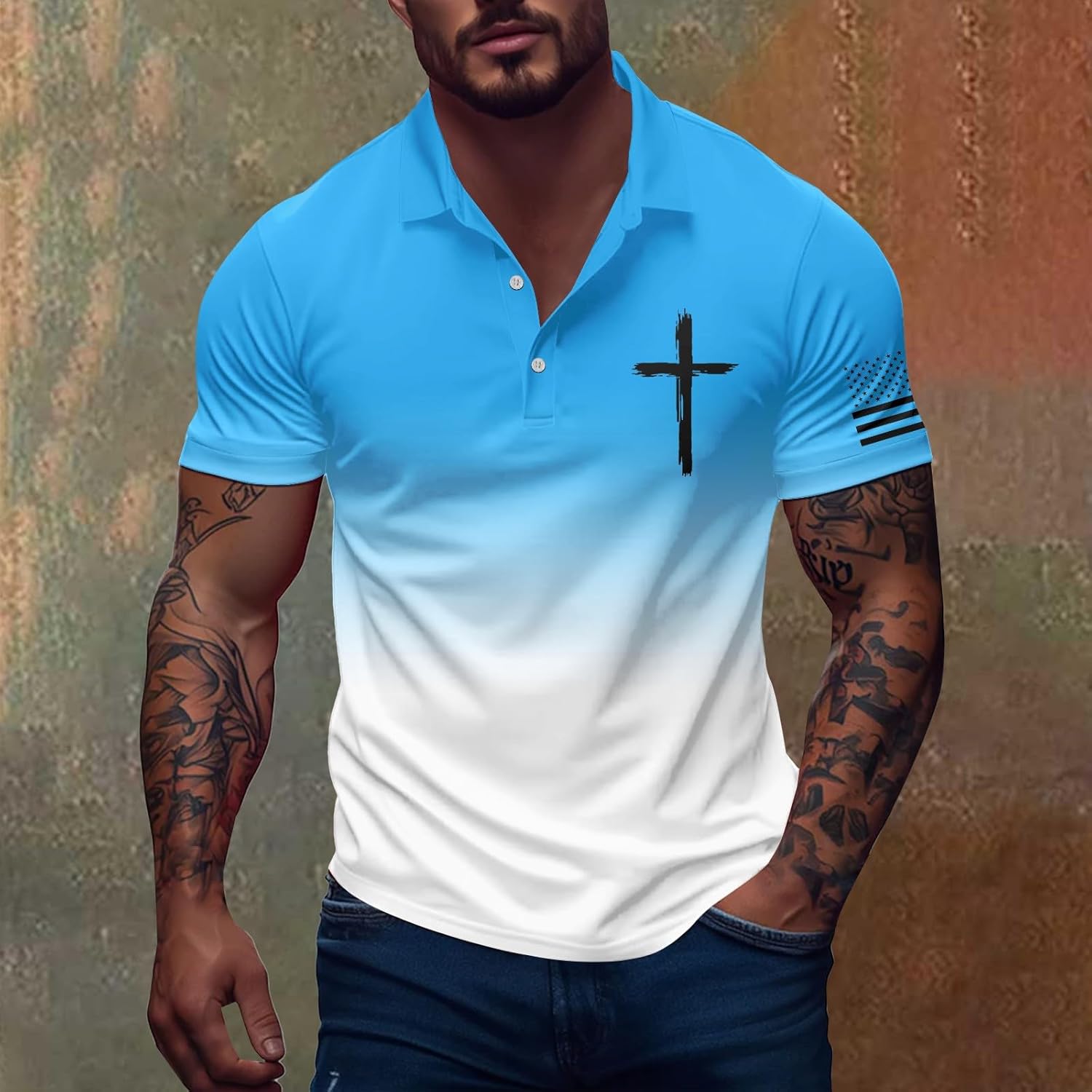 Men's Polo Shirts Short Sleeve Gradient Christian Jesus Faith Cross American USA Flag Golf T-Shirts Casual Work Tops