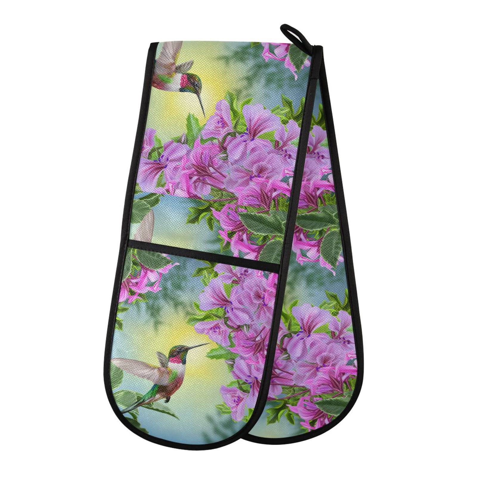 Double Oven Glove Flower Bird Hummingbird Heat Resistant Double Ovens Mitt Modern Cooking Gloves Potholders