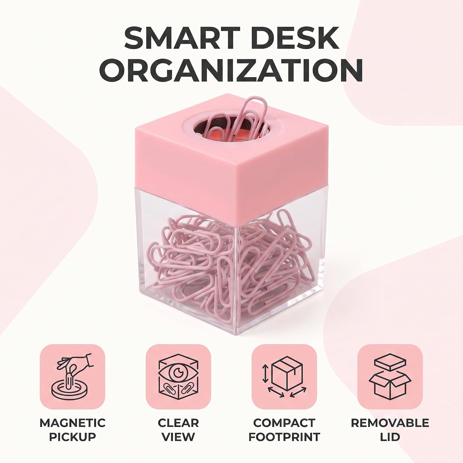 Pink Magnetic Paper Cilp Dispenser Holder Clear Acrylic Paper Clip Organizers with Magnetic Top for Desk Cute Office Binder Clip, Hair Clip,Paper Clip Holders Office and School Supplies