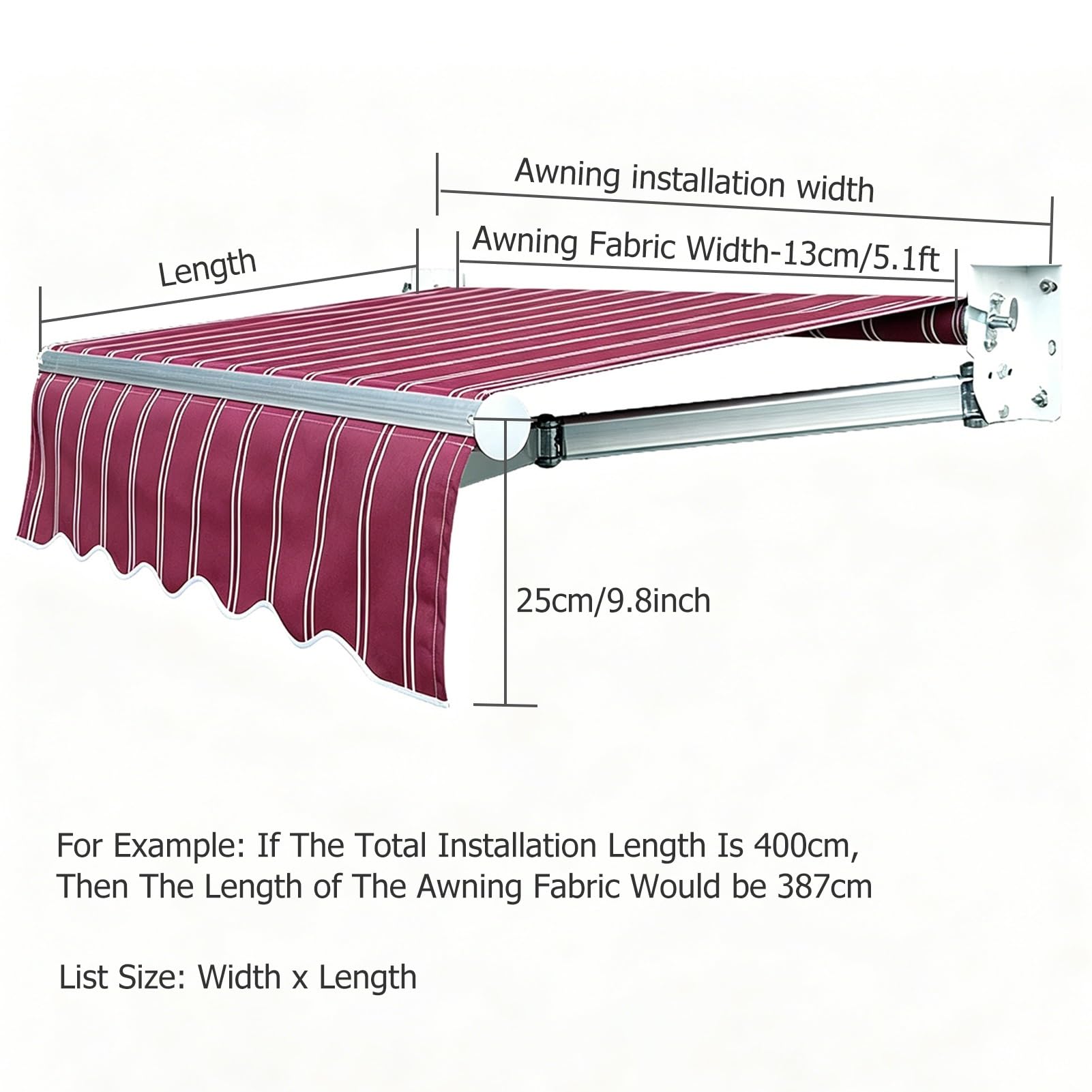 Telo di Ricambio per Tende da Sole, Tela Parasole in Poliestere Impermeabile e Protezione Solare a Strisce Rosse per Terrazza, Balcone, Cortile, Negozio(285x200cm)