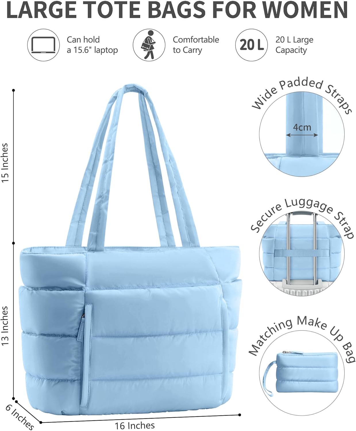 Puffer Tote Bag for Women, Lightweight Puffy Work Handbag Teacher Nurse Quilted Shoulder Bag for School Travel Gym | Cloud Bag w/ Zipper, Daily College Bags, 15.6" Computer Bag, Clinical Nursing Bag, 40 OZ Tumbler Holder, Ideal Gift for Women - Image 3