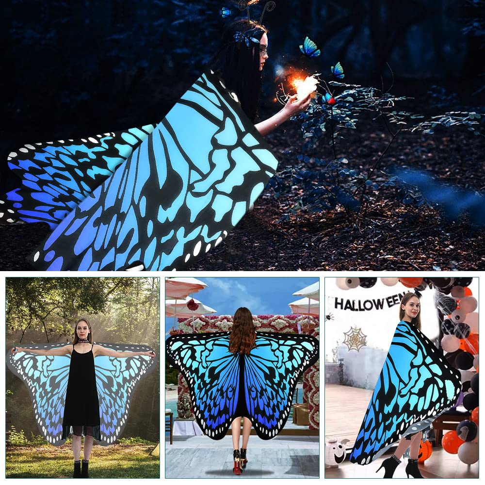 Damen Schmetterling Kostüm Schmetterlingsflügel Faschingkostüme Schmetterling Kostüm Schal Poncho mit Damen Spitze Maske, Schmetterling Haarreif für Party Weihnachten Kostüm Cosplay