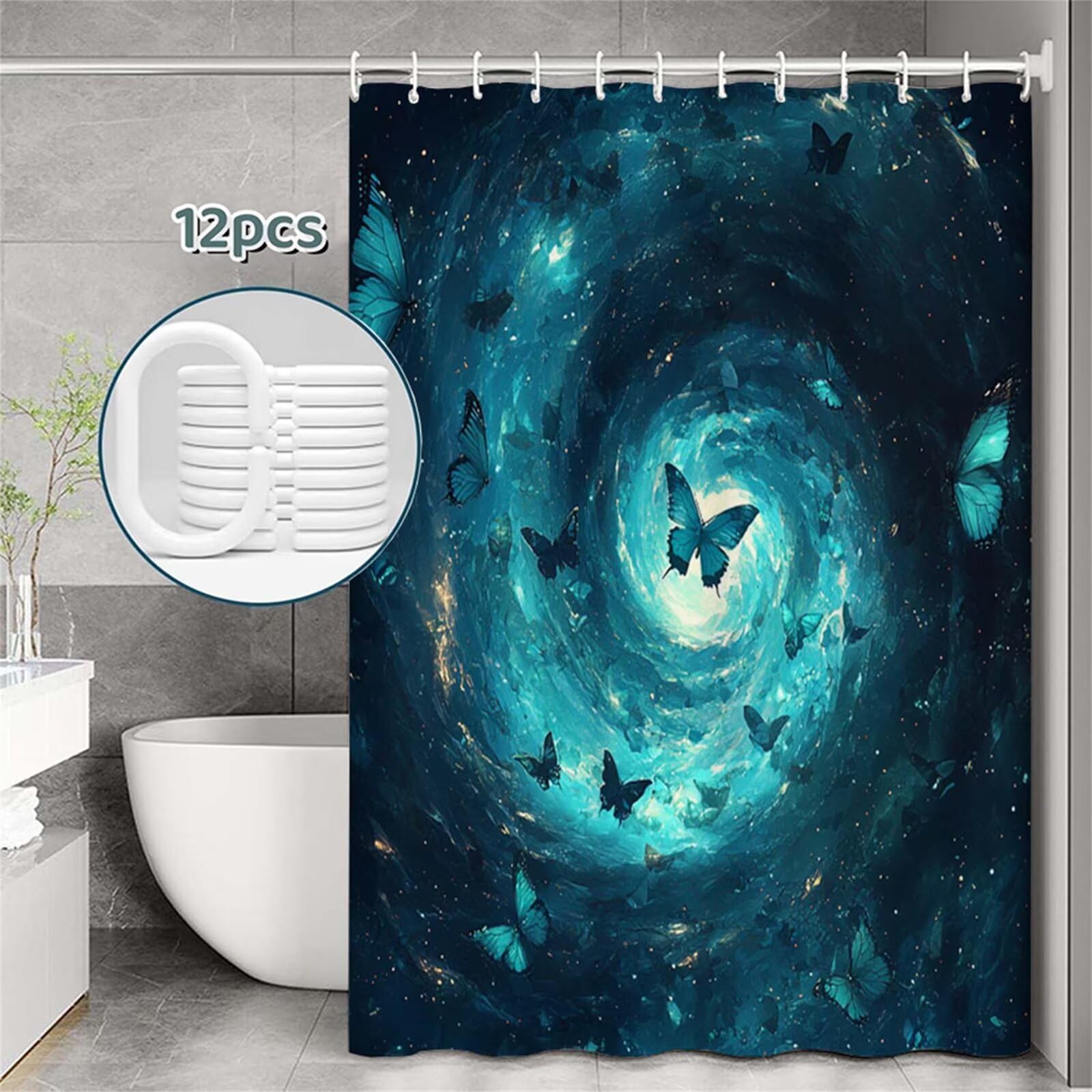 Tenda Doccia in Poliestere turchese,Tende per Doccia Extra Lunga 230x180cm,Farfalla Tenda Vasca da Bagno Tessuto Lavabile,Impermeabile e Facile da Pulire,con 12 Ganci,Decorazione per Bagno,Hotel Z-498