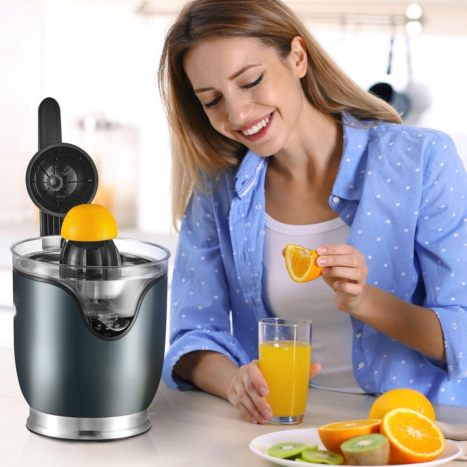 Exprimidor eléctrico de cítricos, exprimidor de zumo de naranja con conos de zumo de dos tamaños, máquina for hacer zumo de naranja de acero inoxidable de 150 W, for naranjas, pomelos, limones y otras