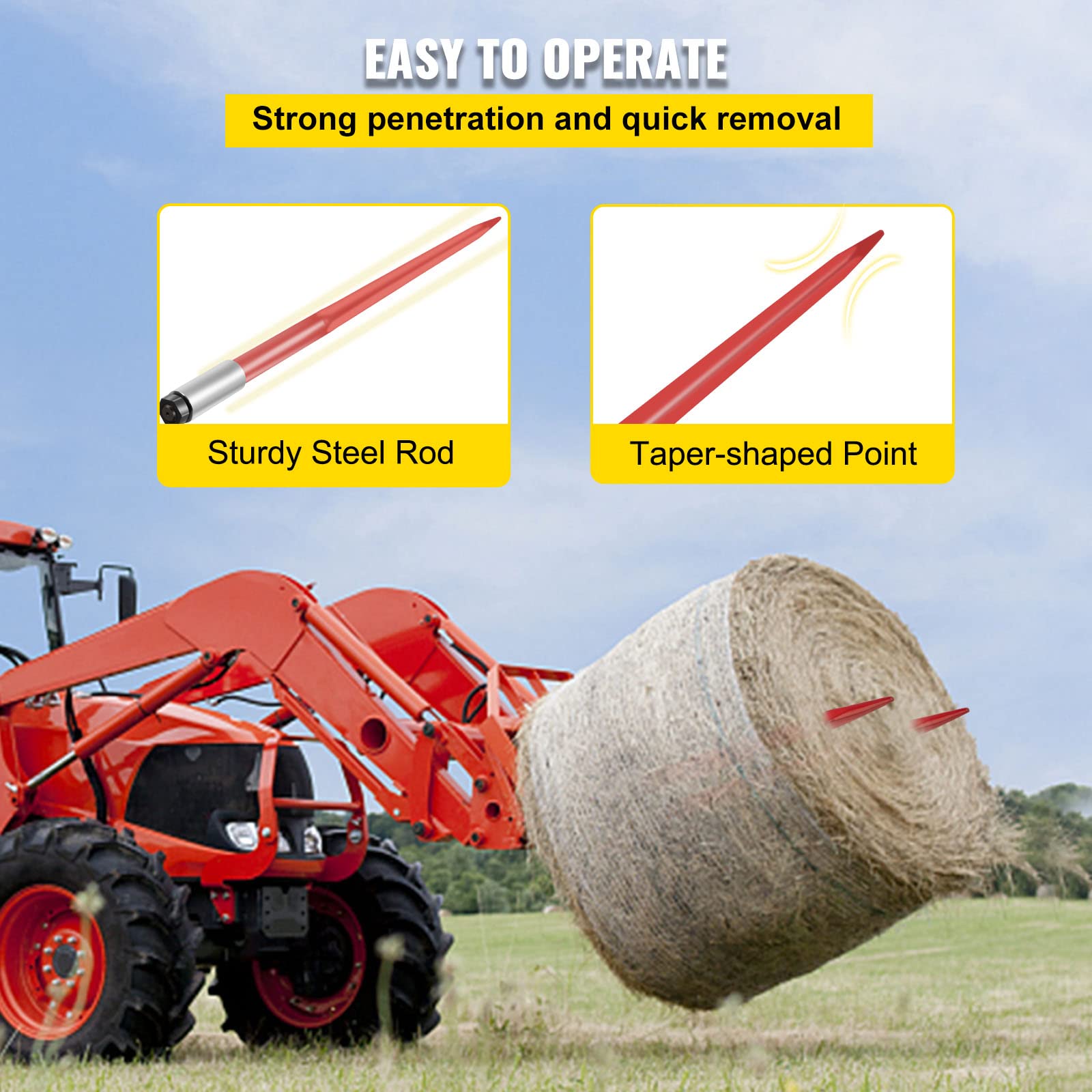 VEVOR Lanza de heno 110 cm 2 lanzas cuadradas para pacas de heno punta de fijación rápida, capacidad de 1360 kg horquillas para pacas recubiertas de rojo funda de tuerca hexagonal para tractores