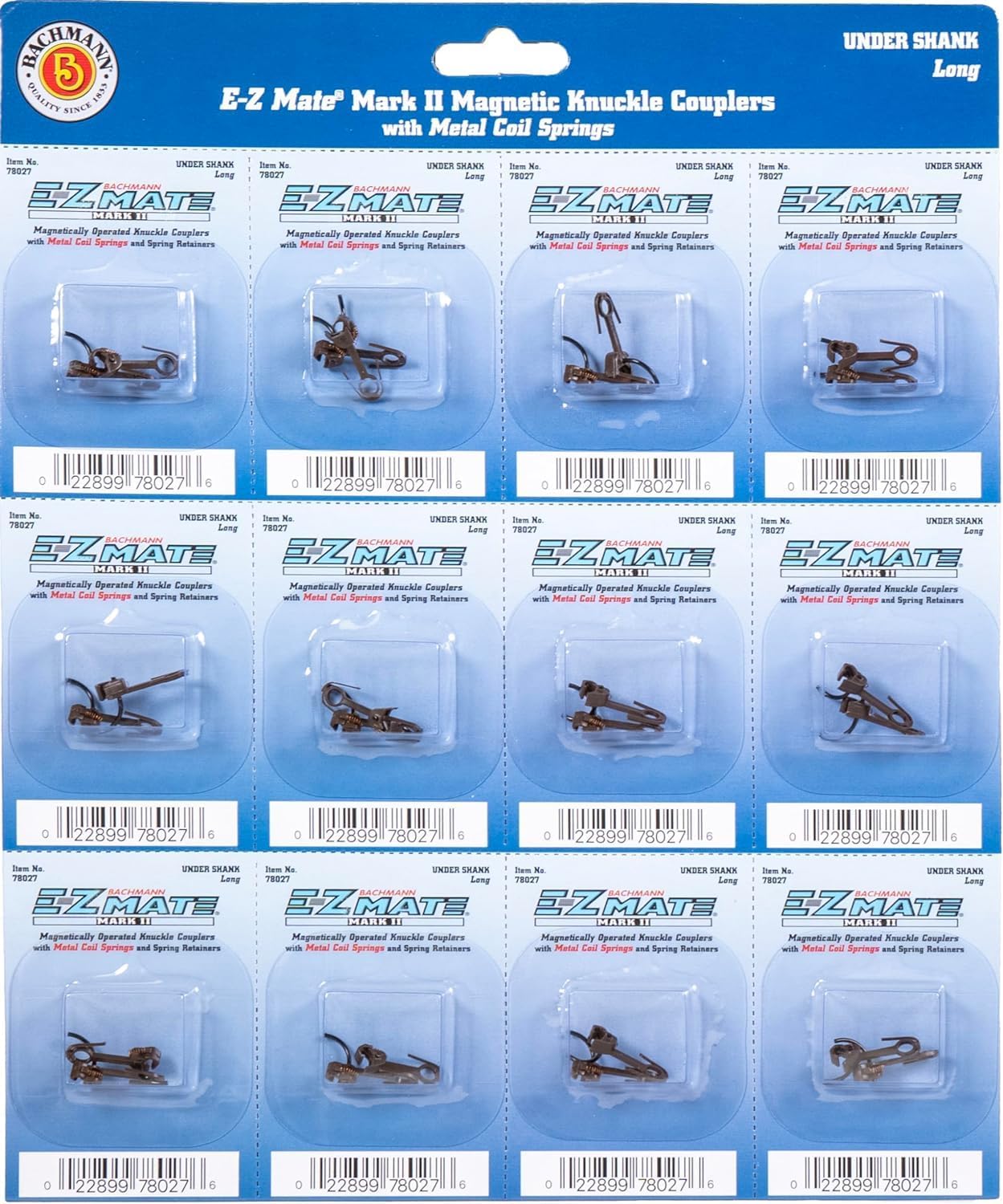 Bachmann Trains - E-Z MATE MARK II COUPLERS - MAGNETIC KNUCKLE COUPLERS with METAL COIL SPRING - UNDER SHANK - LONG (12 pair/card) - HO Scale