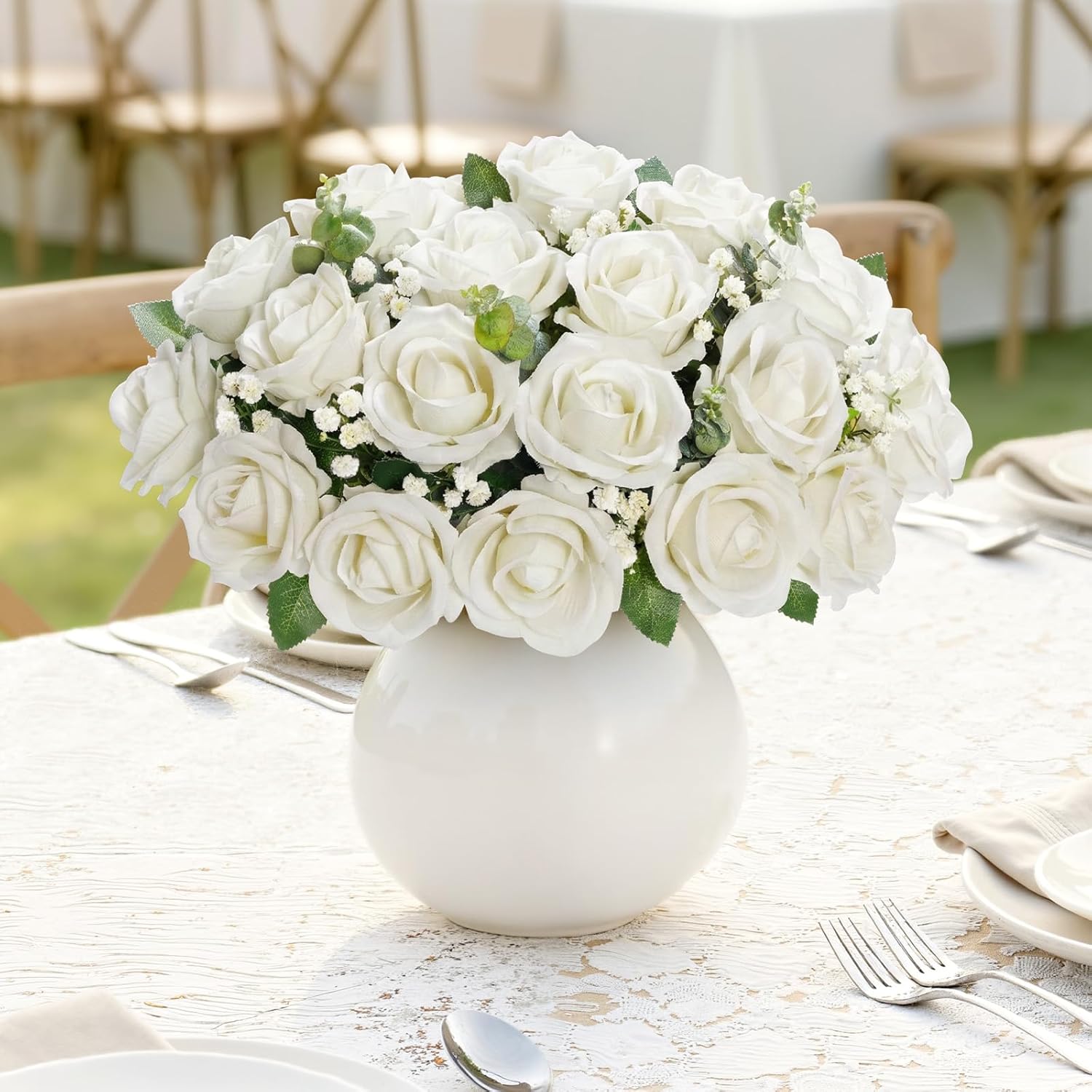 Lifewit 100 Pcs White Artificial Roses Flowers in Bulk, Fake Long Stem Silk Roses for DIY Wedding Bouquets, Centerpieces Arrangements, Valentine Decorations
