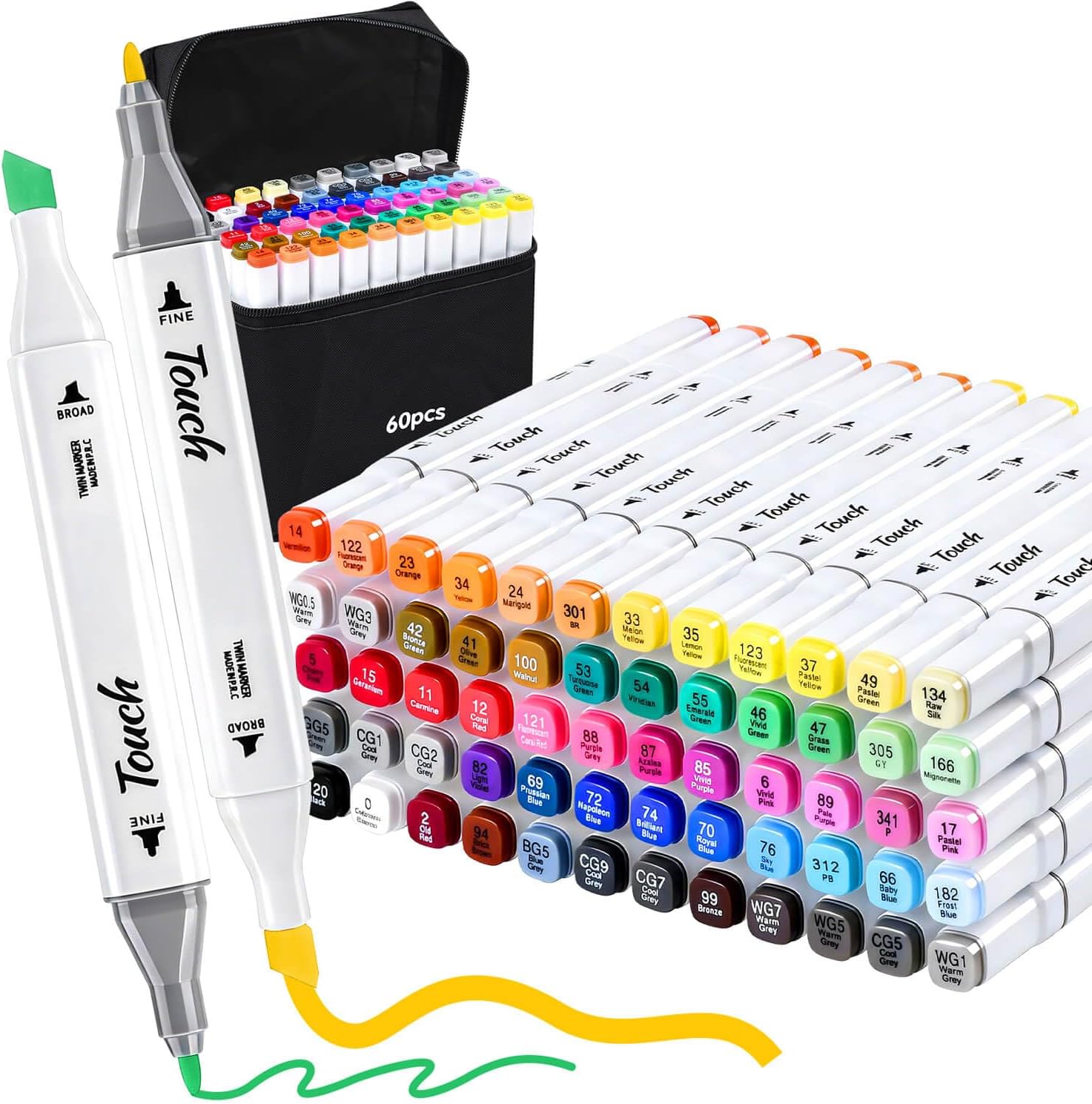 Alcohol Markers Chisel and Fine, 60 Colors Dual Tips Coloring Alcohol Markers for Adult Book Drawing, Permanent Colored Marker White Penholder for Calligraphy, Illustration, Art Supplies Marker Kit