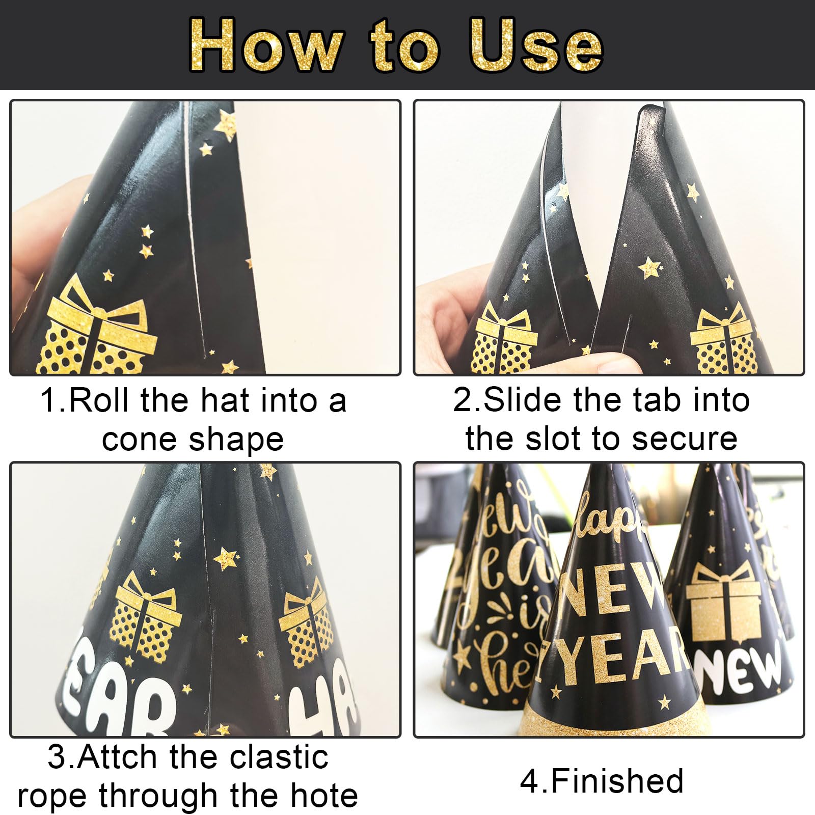 12 Pcs New Years Eve Party Hats for New Years Eve Decorations 2026,Black and Gold Cone Paper Hat Favour Accessories for Photo Props Headwear,Eve Party Supplies Favors Celebration Go to Next Year - Image 3