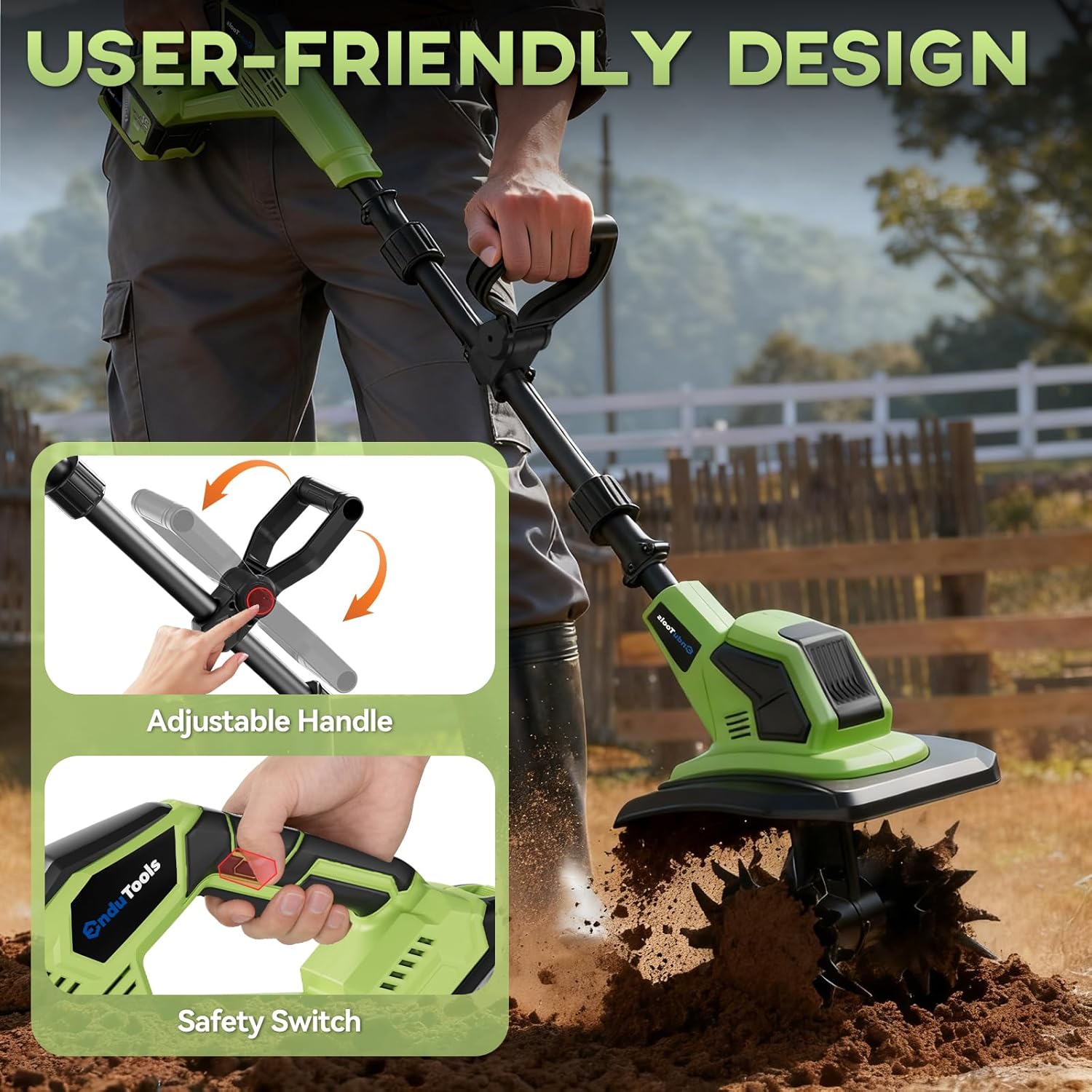 Cordless Tiller Cultivator - 21V 360RPM Electric Garden Tiller with 2 * 4.0Ah Batteries & Fast Charger, 9In Tilling Width and 6.7In Depth, Tiller for Gardening, Lawn, Soil