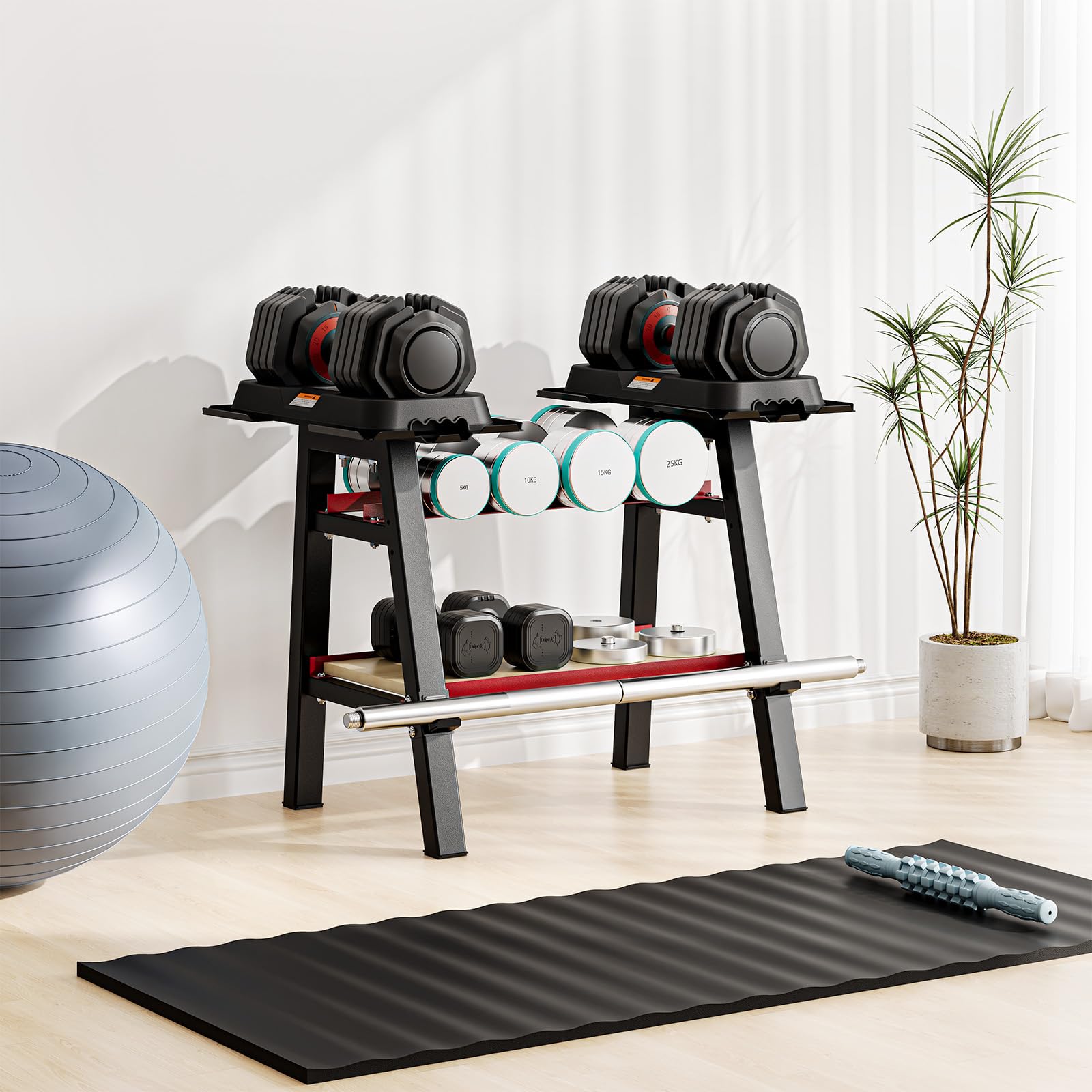 Dripex Soporte para Mancuernas Multifuncional de 2 Niveles Deportivo de Interior Fitness en Casa, Estante de Almacenamiento de Mancuernas Ajustable, Carga Máxima de 300 kg