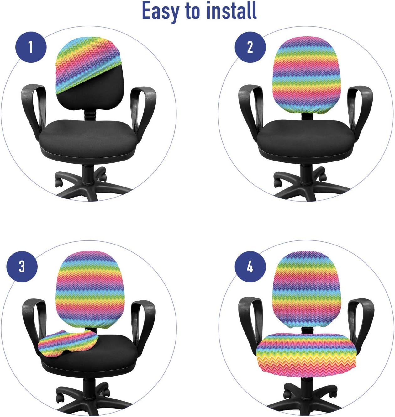 Lunarable Rainbow Office Chair Slipcover, Rainbow Colored Chevron Line Art Wave-Like Pattern Symmetrical Geometric Shapes, Protective Stretch Decorative Fabric Cover, Red Blue Purple
