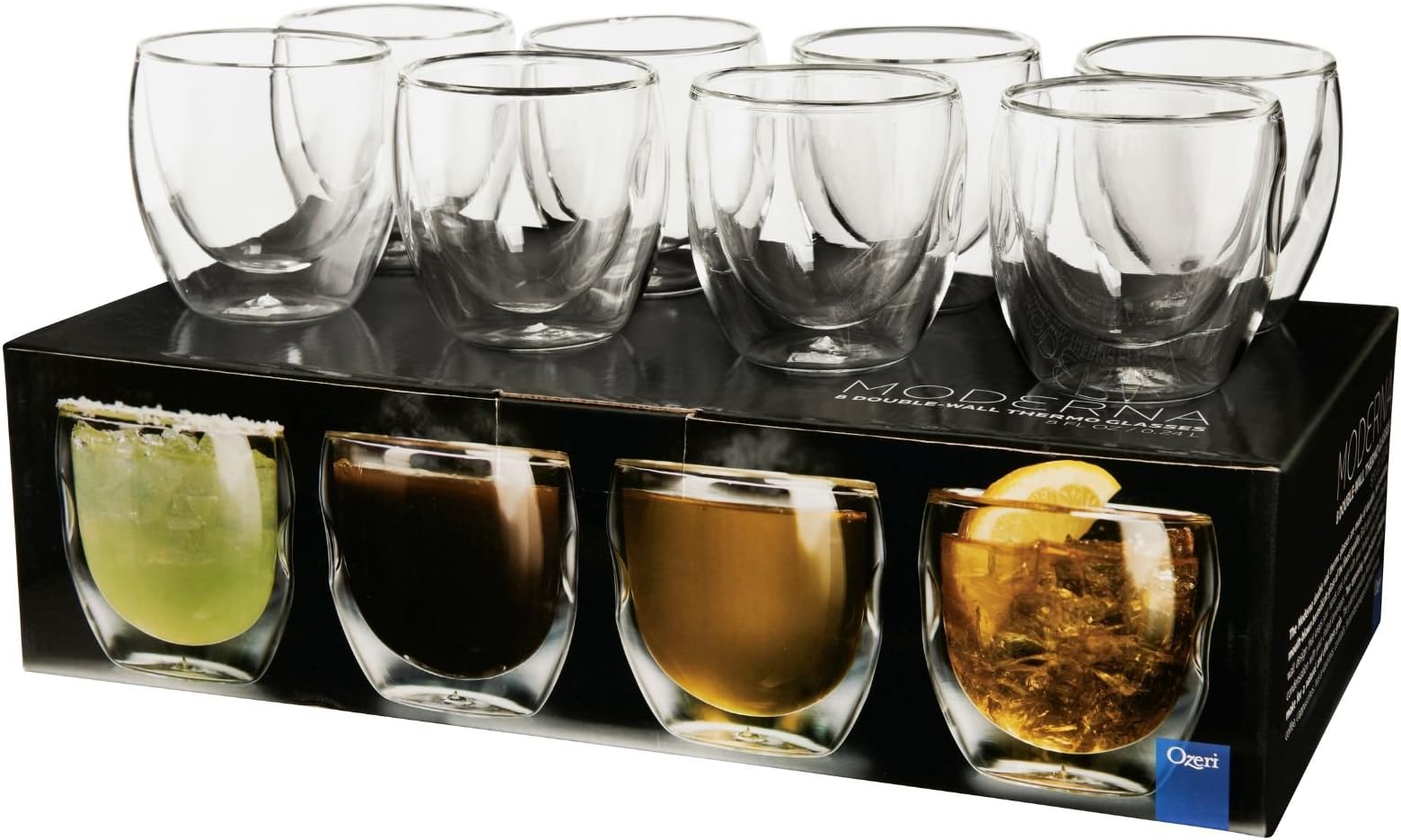 Moderna Artisan Series Double Wall 8 oz Beverage Glasses - Set of 8 Drinking Glasses