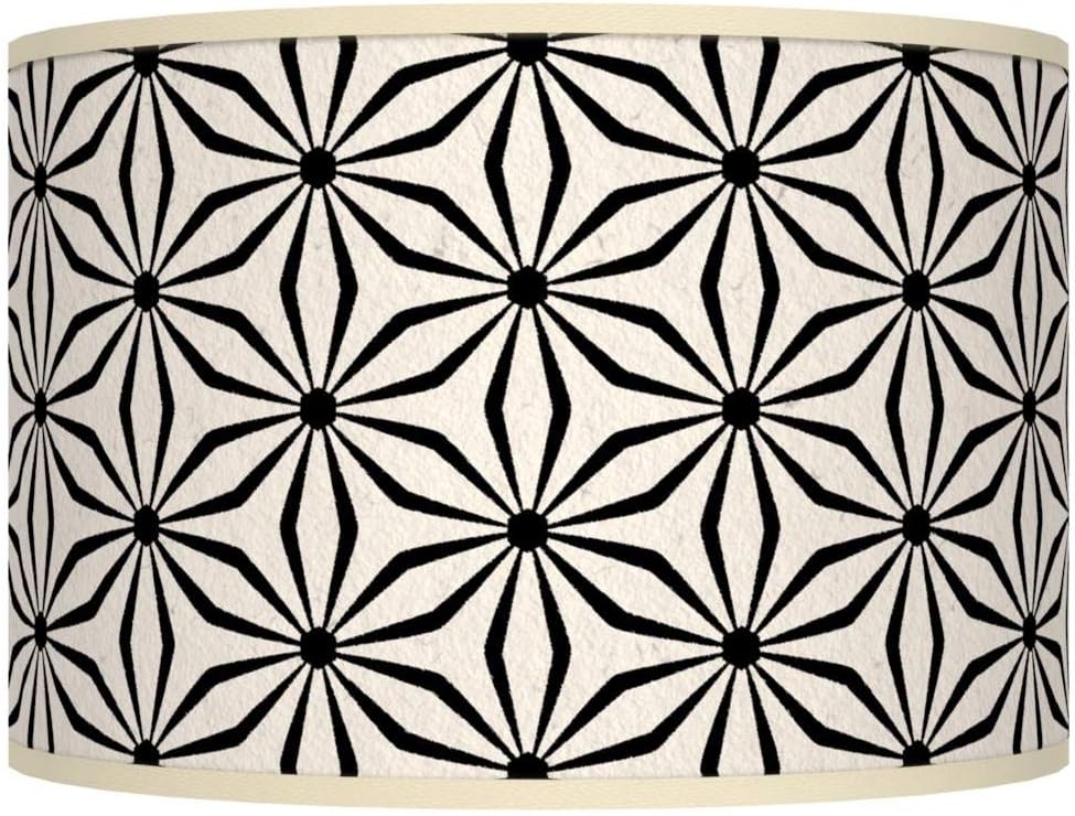 Drum Print Lamp Shade (Pre-Assembled) Kaleidoscope Flowers Beige Black Medium 12" Top x 12" Bottom x 8.5" High Spider with Replacement Harp and Finial Fitting - Giclee Glow