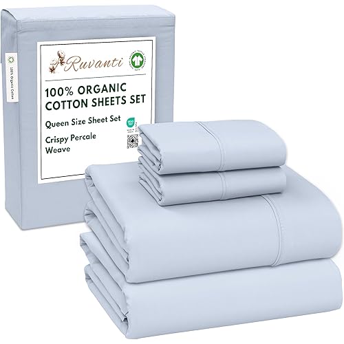 RUVANTI 100% Cotton Organic Sheets Queen Size, Percale Weave, GOTS Certified, 4-Piece Bedding Set, Deep Pocket 15", Soft & Durable - Arctic Ice