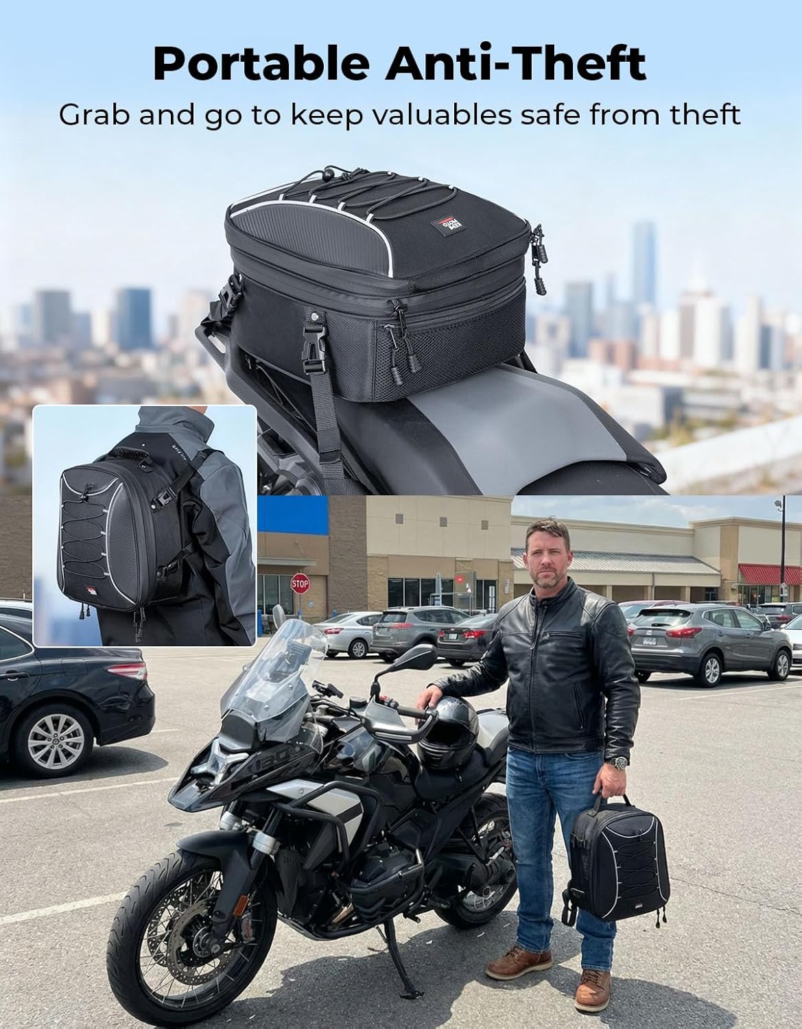 KEMIMOTO Motorcycle Tail Bag, 22L-34L Expandable Large Capacity Motorbike Seat Bag with 9.5L Removable Cooler Bag, Waterproof Rear Rack Bag with Quick-Release Straps for Touring, Camping and Picnics