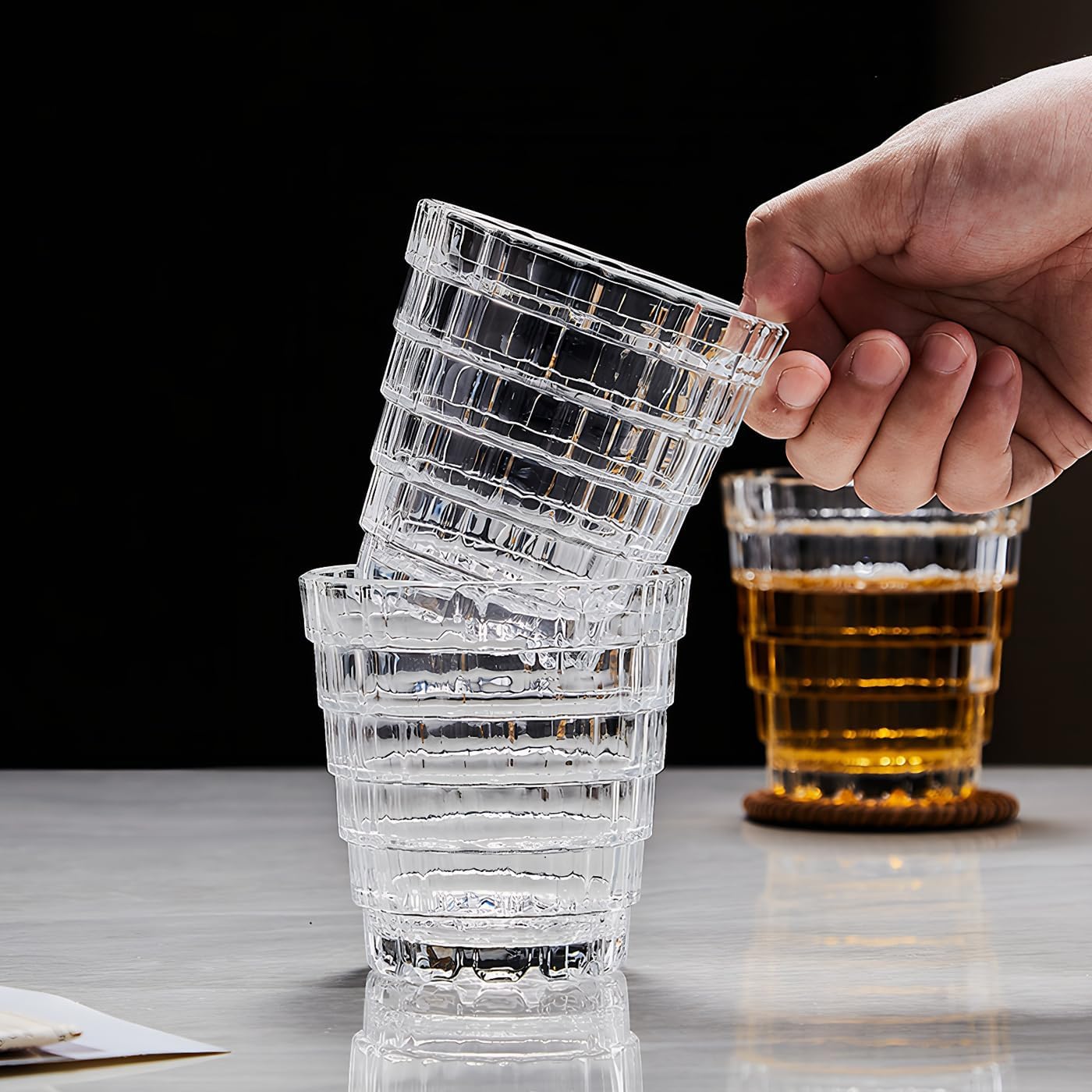 Vintage Drinking Glasses Set of 6, Mojito Glass Cups Stackable Water Tumbler, for Beer, Cocktail, Whiskey, Juice & Mixed Drinks. (8 OZ)