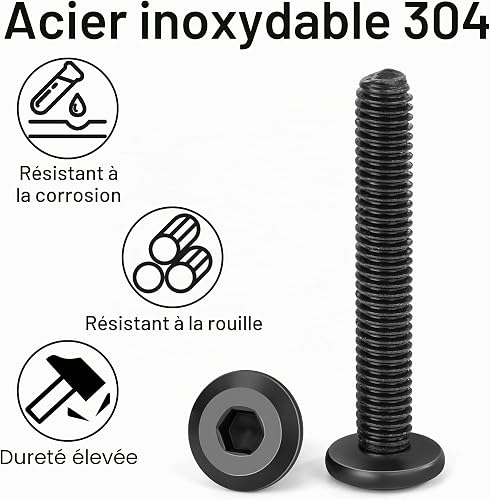 Tunejoy 30 Pezzi Viti a Testa Piatta M6 x 30 mm Nero Vite a Testa Esagonale Bulloni in Acciaio Inox A2 V2A Bulloni per Mobili con Chiavi a Esagono Filettatura Completa - 4