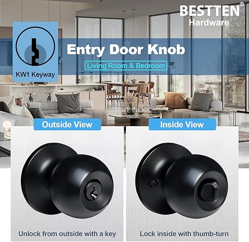 Vista 10 de BESTTEN Pomo para puerta de entrada con llave con cerradura, cerradura de puerta interior y exterior, bola estándar, níquel satinado