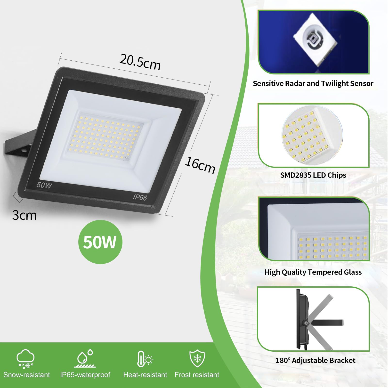 50W Faretto LED da Esterno con Sensore di Movimento, 5000LM 96 LEDs Proiettori Faro LED Esterno con Radar Sensore Crepuscolare,6500K IP66 Impermeabile Faretti per Garage,Giardino,Cortile