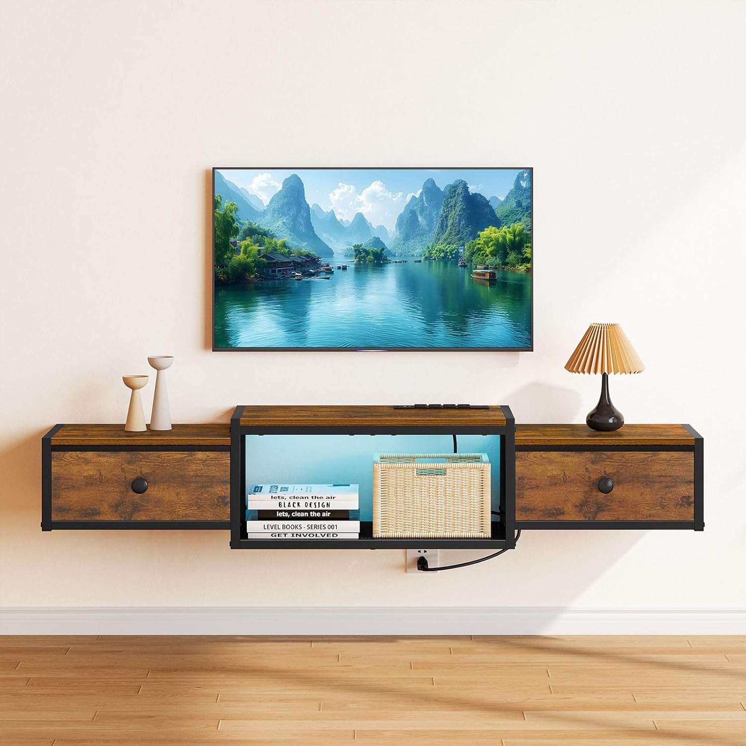 Snughome Floating TV Stand with Power Outlet 55", Wall Mounted Entertainment Center with LED Lights, Floating TV Shelf with Drawer, Wall Mounted Media Console Shelf for Living Room, Bedroom - Image 2