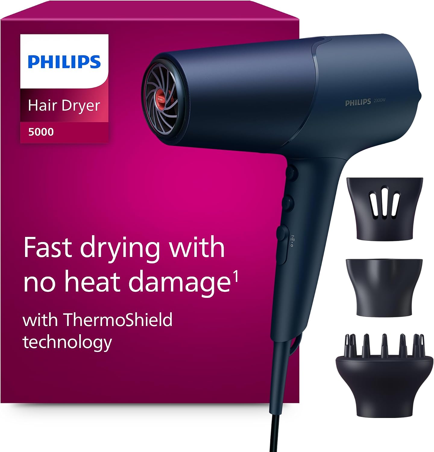Philips Asciugacapelli Serie 5000, tecnologia ThermoShield, agli ioni, 2300°W, blu metallizzato, con beccuccio per styling da 9°mm e 11°mm, diffusore, BHD510/20