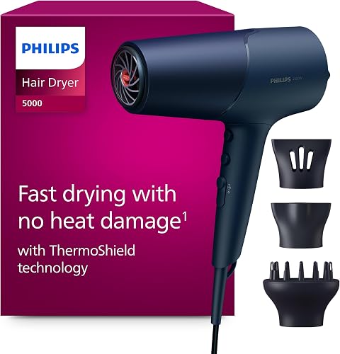 Philips Asciugacapelli Serie 5000, tecnologia ThermoShield, agli ioni, 2300°W, blu metallizzato, con beccuccio per styling da 9°mm e 11°mm, diffusore, BHD510/20