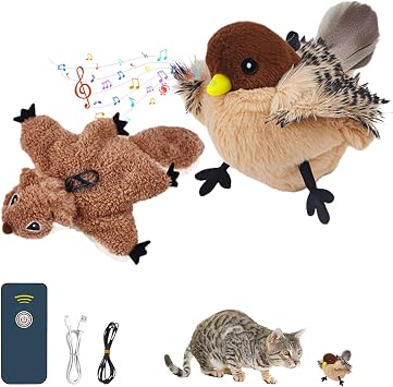 Flying Bird Cat Toy, Interactive Chirping Bird Cat Toy, Flapping Bird Cat Toys Flying, Electronic Bird Simulation Cat Toys for Bored Indoor Adult Cats B+C