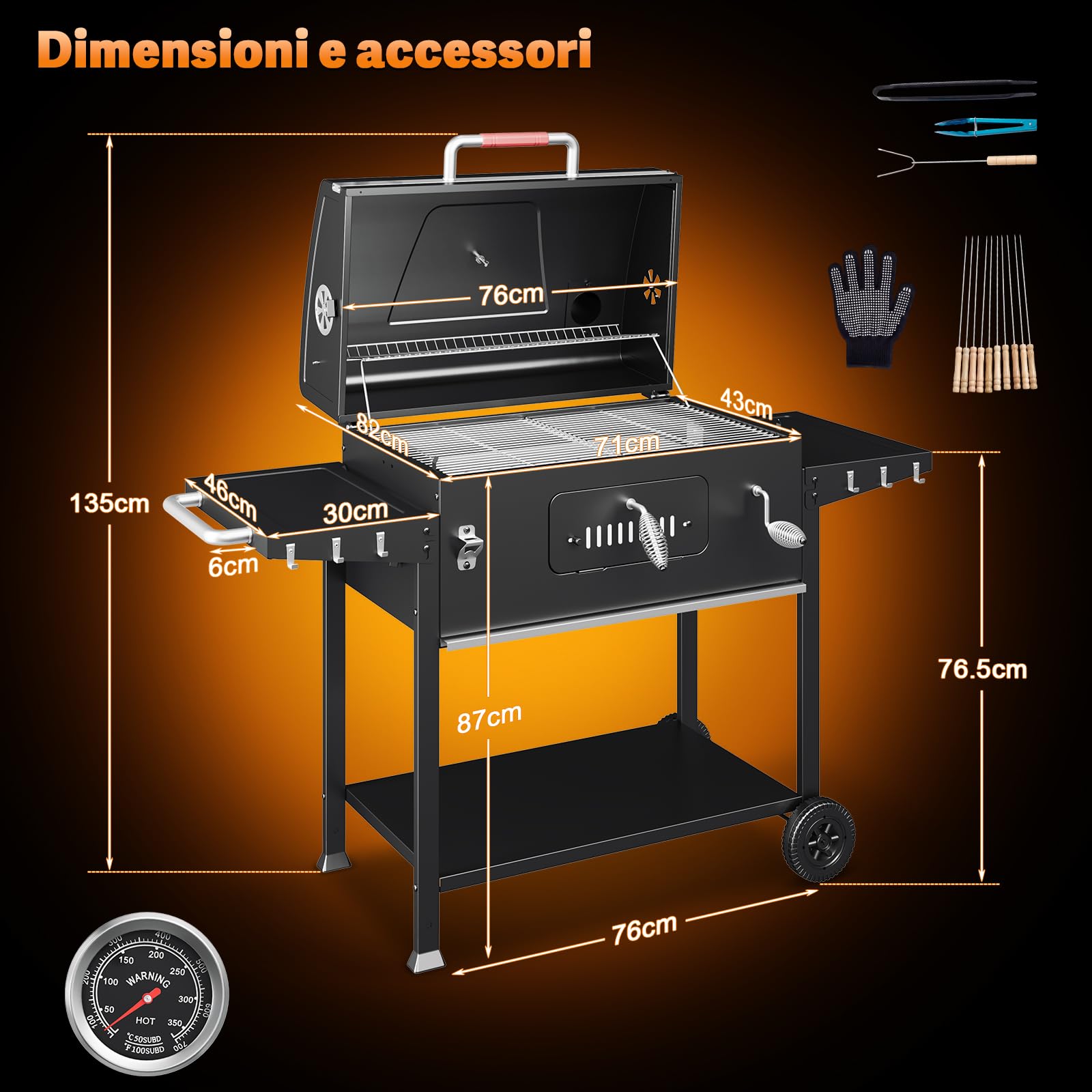 Devoko Barbecue Carbonella XXL, Grill a Carbone Portatile 71x43 cm con Termometro e Guanti