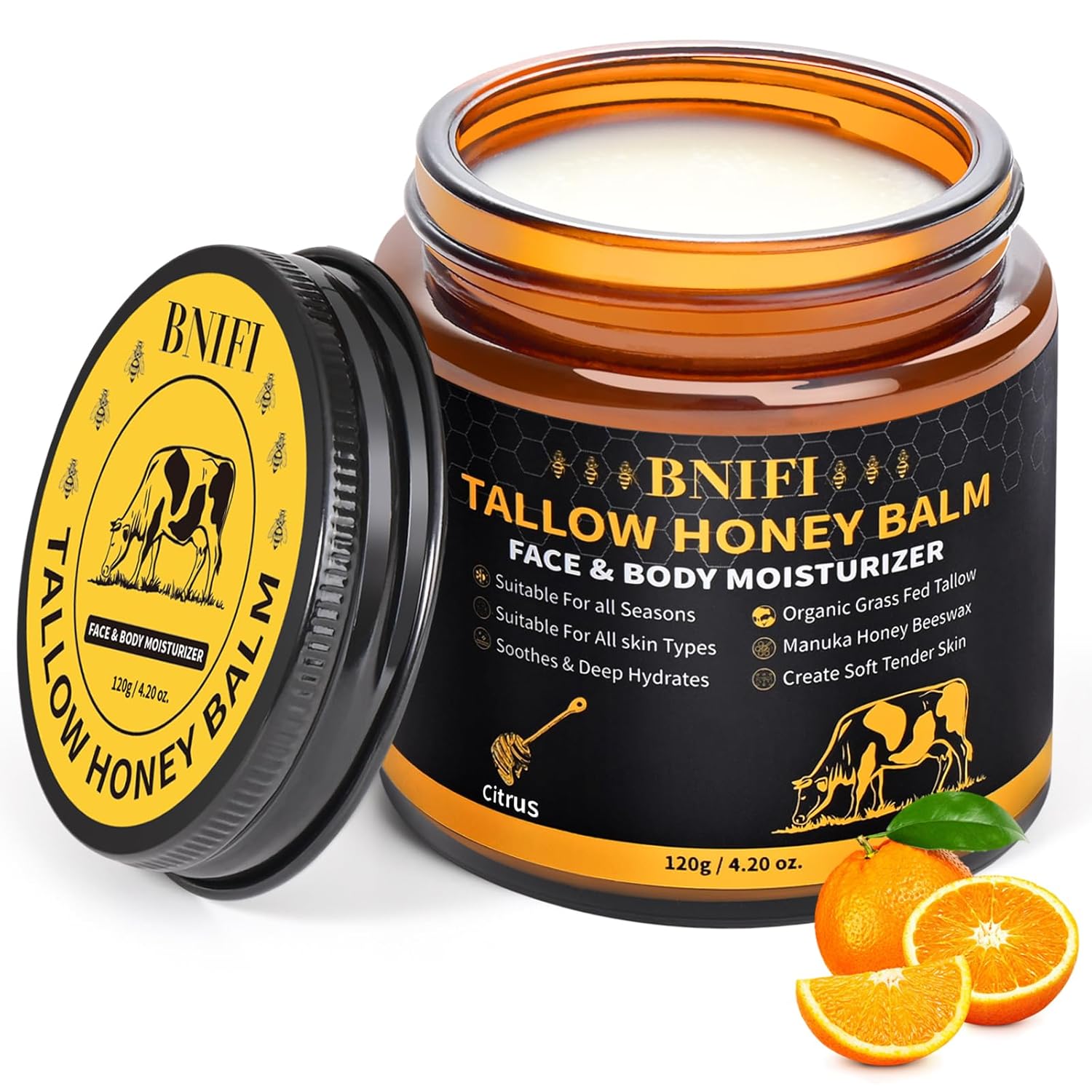 Tallow and Honey Balm for Face Beef Tallow for Skin Organic Grass-Fed Beef Tallow Balm for Face Body Moisturizer (Citrus)