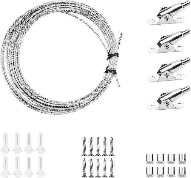 Hyakoz Cuerda Acero 2mm x 10m para Cortinas - Esticador Durable con Accesorios